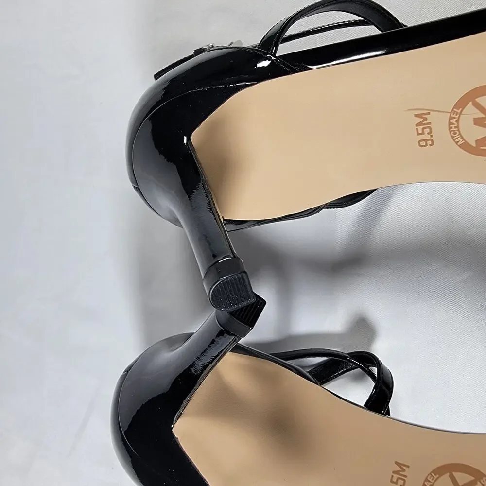 New Michael Kors Ava Mid Womens 9.5 Black Patent Strappy Heels Sandals Stiletto